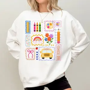 Trendy Teacher Sweatshirt & Tshirt, Colorful Doodle Back To School Shirt, Preppy Coquette School Sweatshirt, Girly Pink Bow Sweater, Teacher Gifts