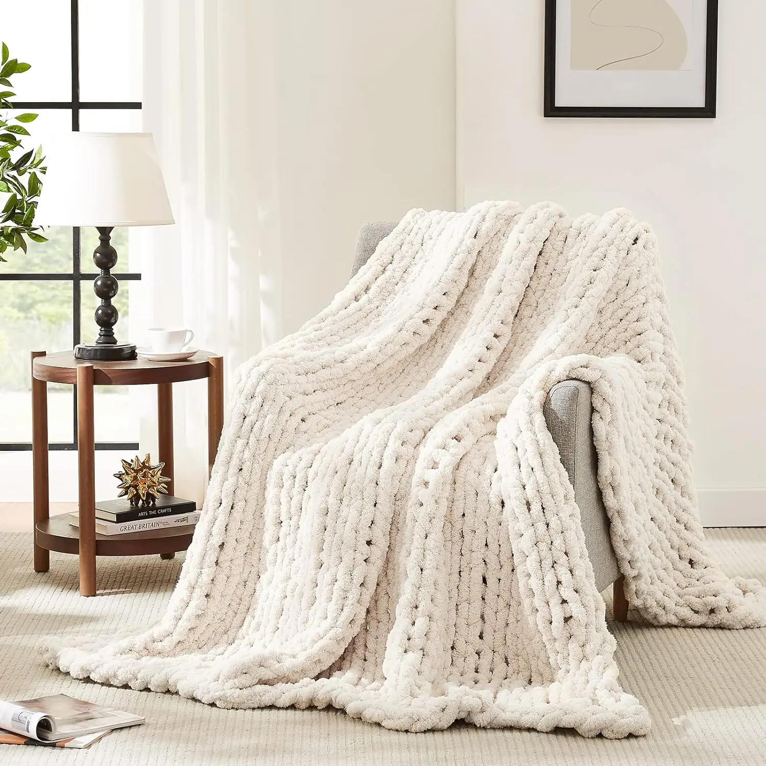 Chunky Chenille Yarn Throw Blanket - 50x60in Handmade Thick Cable Knit Crochet Large Rope Knot Blanket for Couch, Ideal Birthday Present