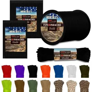 Type III Paracord 550 Rope Parachute Cord, 100' Black for Survival Rope, Survival Cord