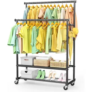 Heavy Duty Rolling Double Rods Clothes Rack with Wheels Freestanding Garment Rack with Oxford and Mesh Bottom Shelf for Hanging Clothes for Bedroom Laundry Living Room