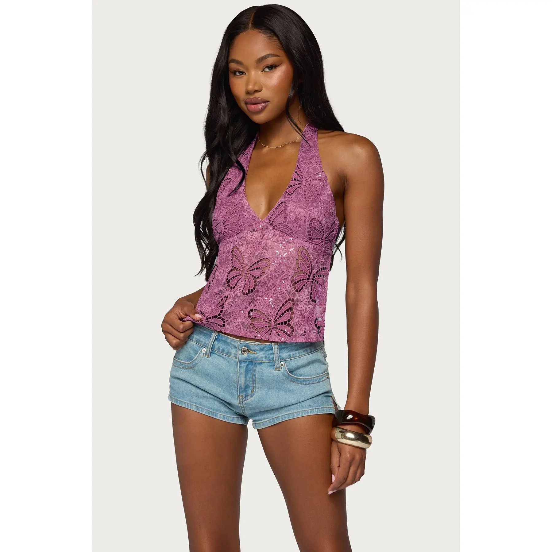 Butterfly Sequin Backless Halter Top