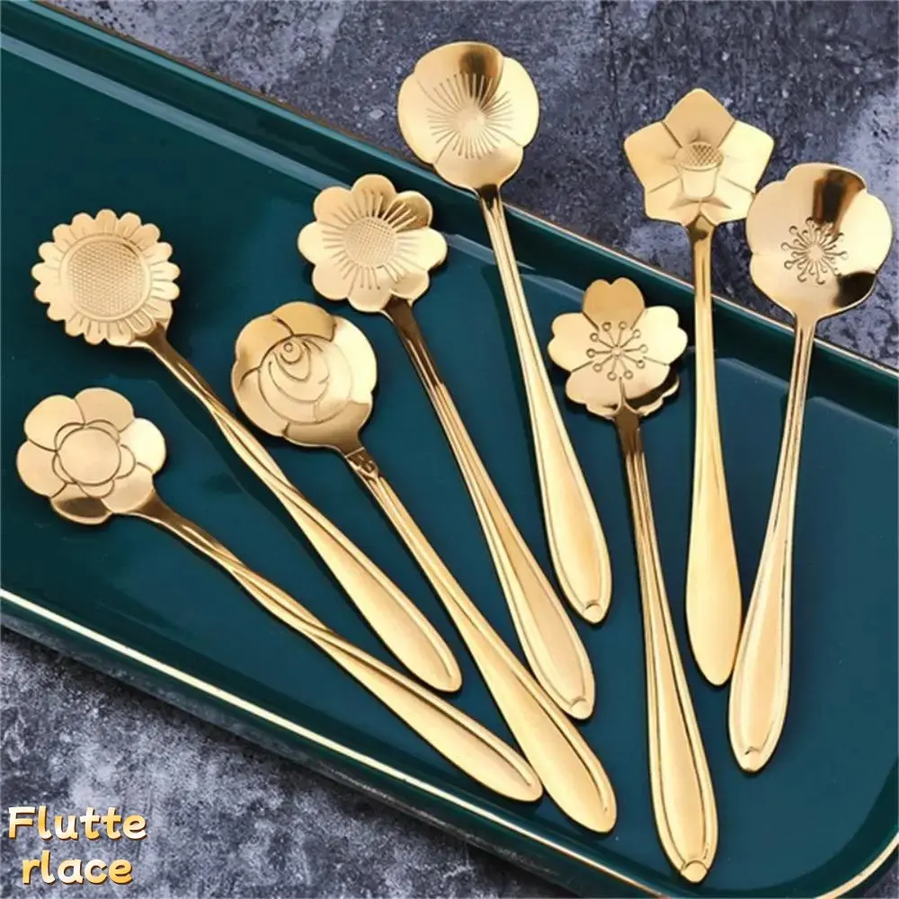 Luxury Flower Shaped Coffee Spoon Set (8 Pack), Stainless Steel Dessert & Tea Spoons, Vintage Carved Small Spoon Set for Honey, Ice Cream, Yogurt, Kitchen Dining Use, Elegant Home Decor & Gift Idea for Summer summerwins