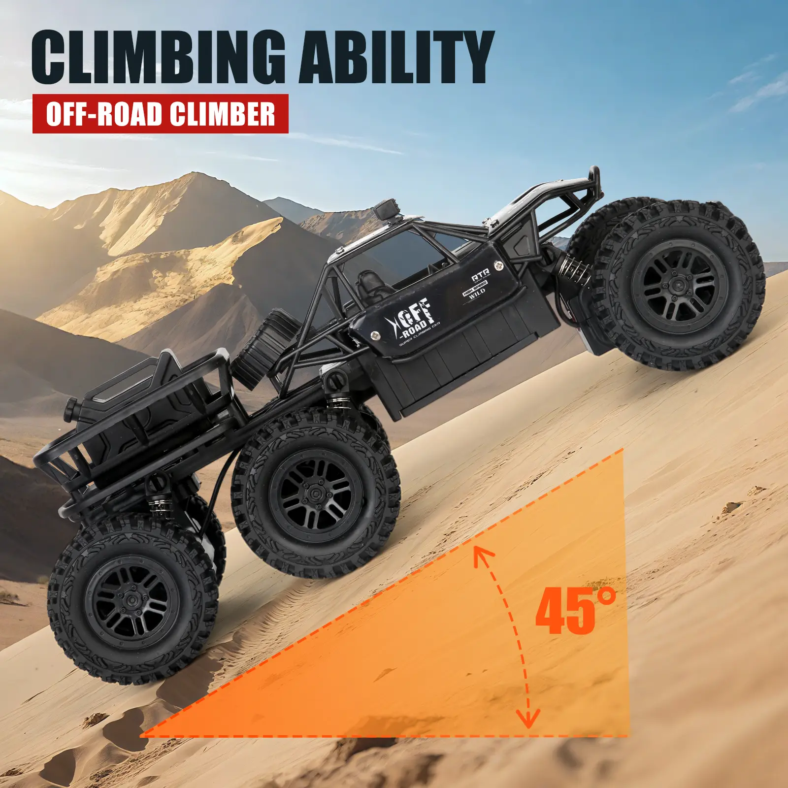 High performance six-wheel drive remote control off-road vehicle, great rock climbing and cross-country ability. Compact practical size, fun to play outdoors, nice birthday surprise gift for little children.