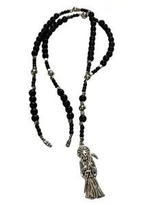 Unisex Santa Muerte Rosary Style Necklace, Black & Silver, beads