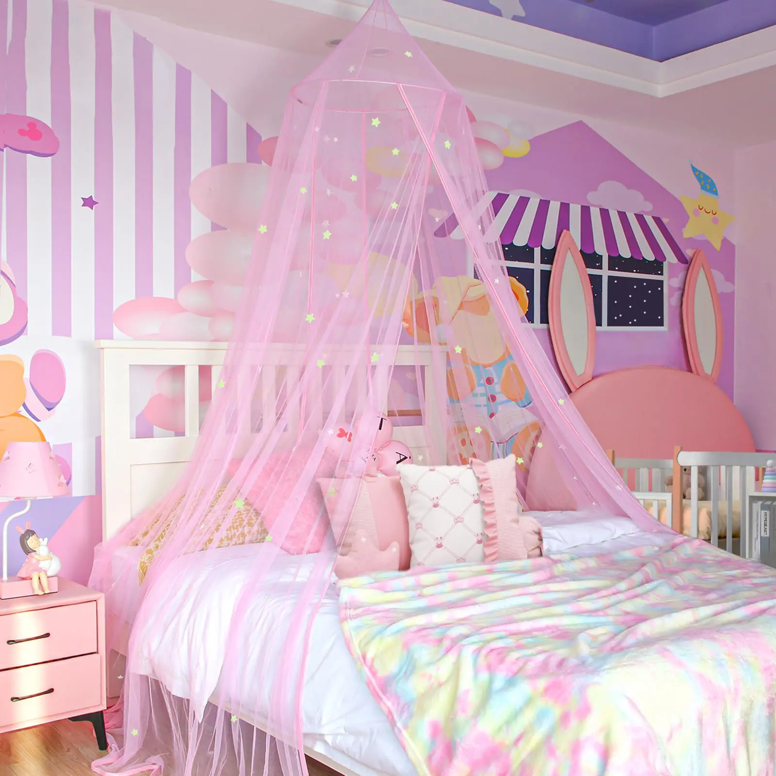 Princess Glow Stars Bed Canopy for Kids, Breathable Dense Mesh Mosquito Net, Hanging Dome Style for Girls Bedroom, Easy Installation with Reinforced Hem, Fits Crib, Twin Beds & More