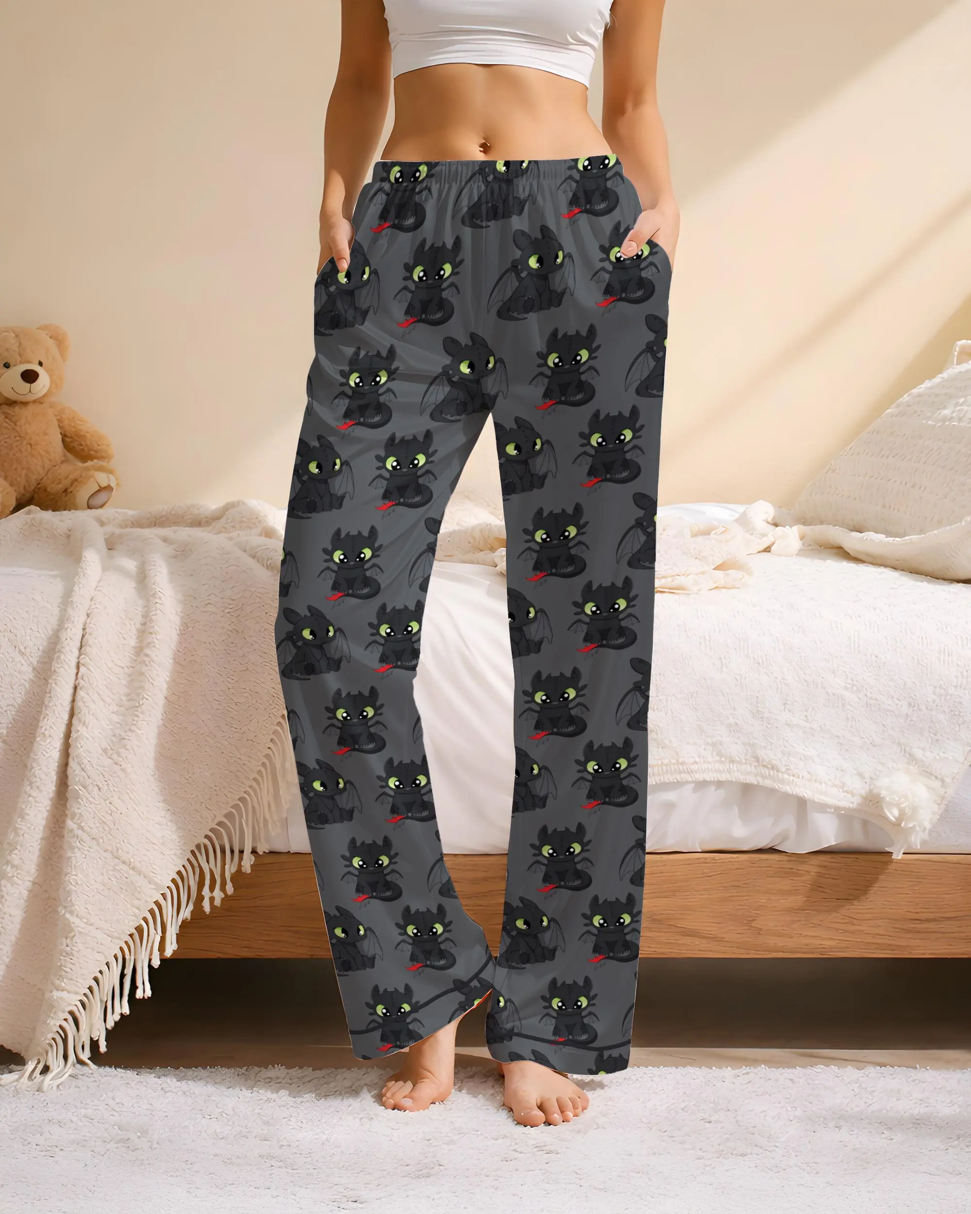 Cute Night Dragon Satin Pajama Pants Kawaii Cartoon Matching Lounge Pants | Soft Aesthetic Silk Pajamas Gift for Couples