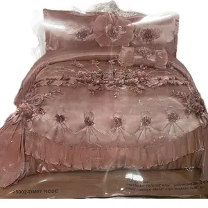 5 pcs Wedding King Size Comforter Set 25002-DM07 Rose with Floral Embroidery & Ruffled Edges for Elegant Bedroom Decor