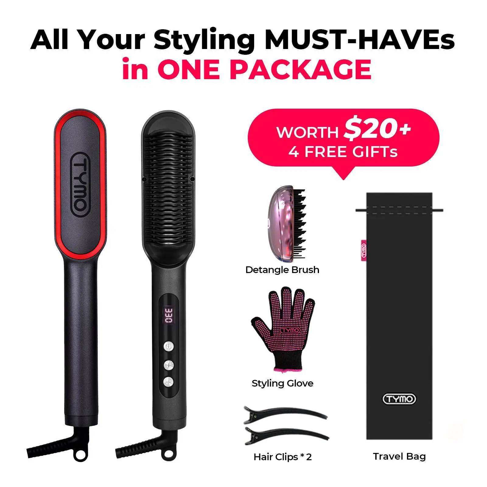 Tymo Ring Plus Ionic Hair Straightener Brush - Straightening Comb with Negative Ions, 9 Temp Settings & LED Display, Professional Styling Tools, Comfo