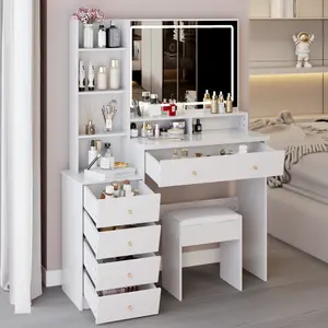 41“ Large Vanity Desk Set, Bedside Cabinet Vanity Table + Cushioned Stool, Extra Large Touch Control LED Mirror, 3-color Switch, Multi Layer High Capacity Storage Fashionable Dresser, EPA, GCC, UL Certificate,White