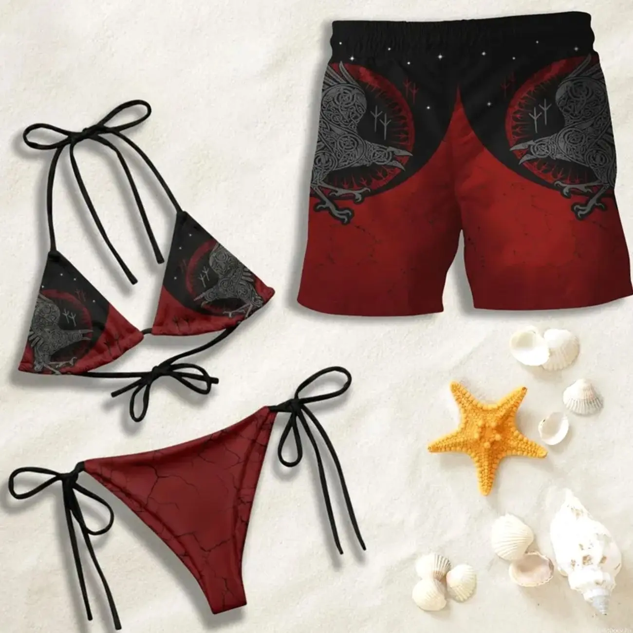 [HOT SWIMWEAR]  Viking Raven Print Matching Couple Swimwear, Black Red Bikini and Shorts