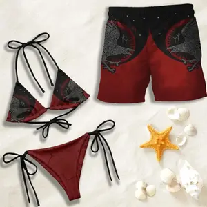 [HOT SWIMWEAR]  Viking Raven Print Matching Couple Swimwear, Black Red Bikini and Shorts