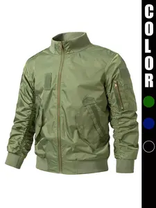 Men's Regular Fit Solid Zip Up Bomber Jacket, Casual Comfy Pocket Long Sleeve Outerwear for Spring & Fall, Fashion Men's Clothes for Daily Wear