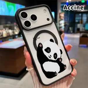 Magnetic Phone Case for iPhone 17 Pro Max 16 Plus 15 14 13 12 11 Air E Panda's Cheerful Hi Pattern Acrylic Back TPU Edges Shockproof Ultra Thin Mobile Phone Cover Gift