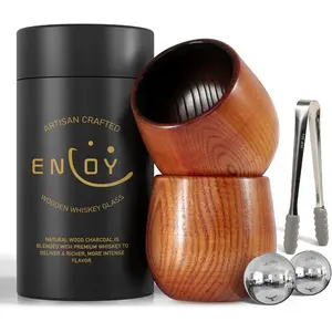 Charred Wooden  Drinking Glass Set with  Ice Stones & Tongs, 2 Pack 10oz Oak Wooden  Glass, Artisan Oak  Cups for  Lovers,    for Dad, Men, Husband