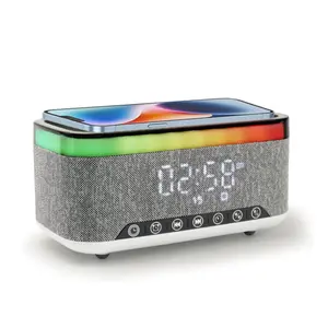 Xcimnw 5 in 1 Fast Wireless Charging Alarm Clock, Bedrooms Bluetooth Speaker & White Noise Machine, 7-Color 24H RGB Night Light Bluetooth USB AUX, Desk Decor, Ideal Gifts for Her
