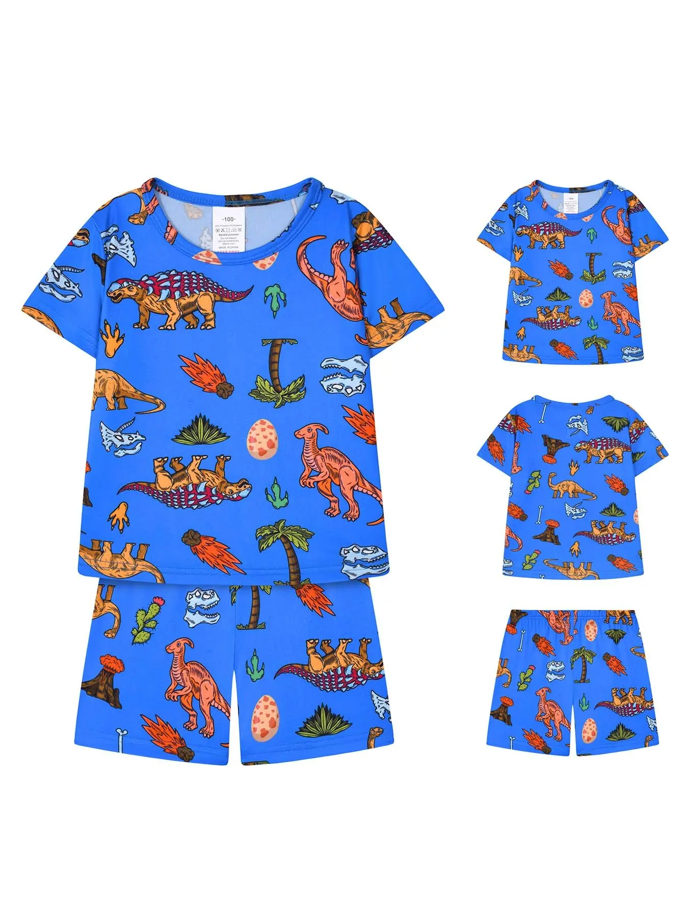 Kids Short Sleeve Summer Pajama Set, Sleepwear for Summer, Dinosaur Pattern Print, Soft Comfortable Casual Home Wear, Elastic Waist, All Seasons, Summer Pjs