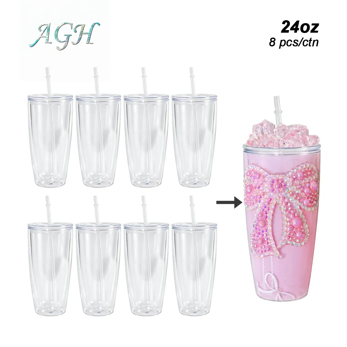 AGH US 8pcs/16pcs 24 oz double wall Plastic fat snow globe tumbler wide plastic tumbler with lids and straws, with Pre Drilled Hole And Plugs