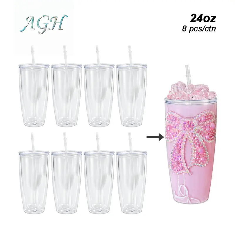 AGH US 8pcs/16pcs 24 oz double wall Plastic fat snow globe tumbler wide plastic tumbler with lids and straws, with Pre Drilled Hole And Plugs