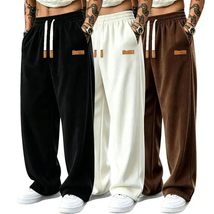 （3 Pack）Men’S Wide Leg Athletic Pants with Elastic Drawstring Waist, Small Leather Tag Decoration, Loose Straight Cut Casual Pants for Everyday Streetwear and Jogging