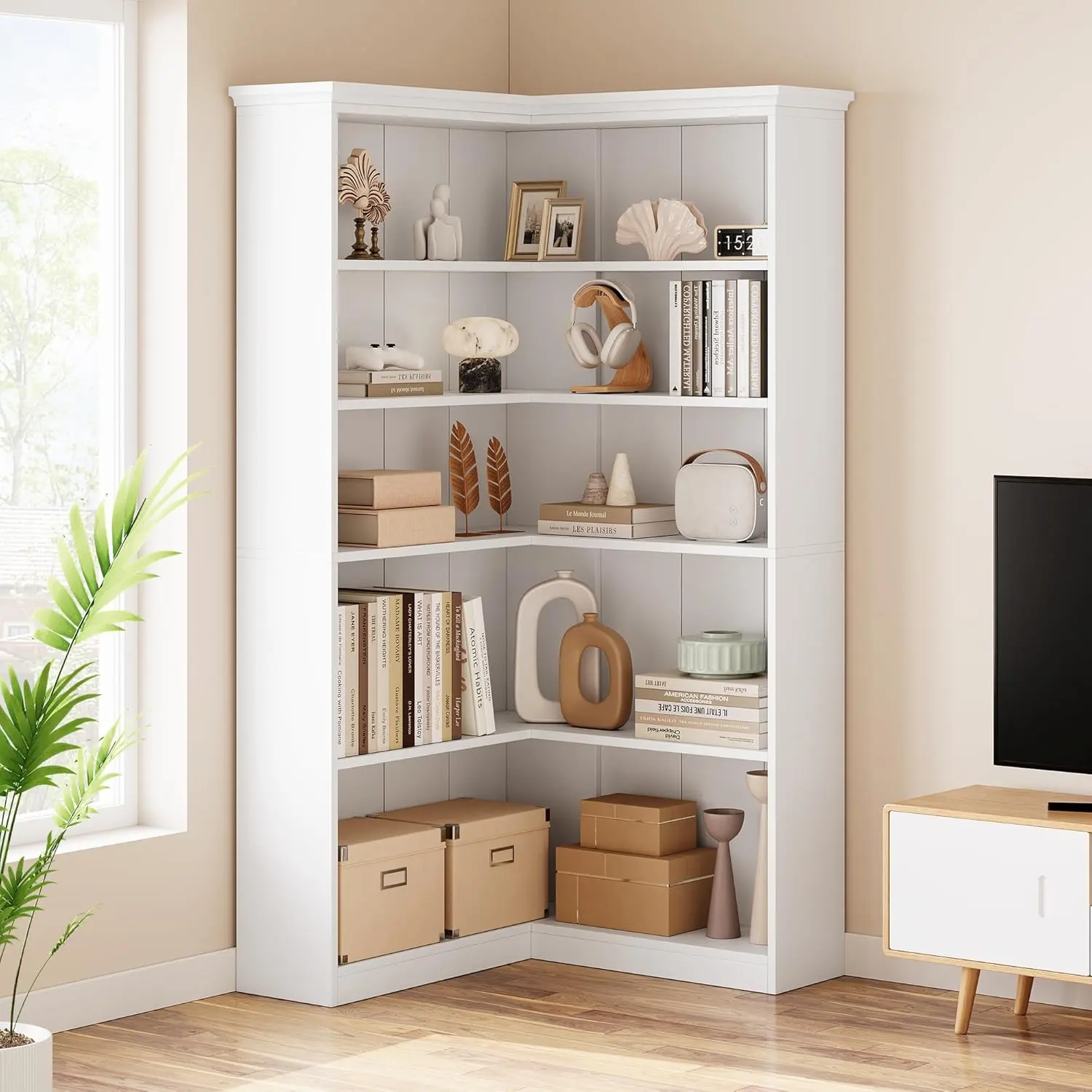 72.8-Inch Tall L-Shaped 5-Tier Wooden Book Shelf - Off-White Farmhouse Corner Wood Display Rack with Half-Panel Design, Indoor Furniture
