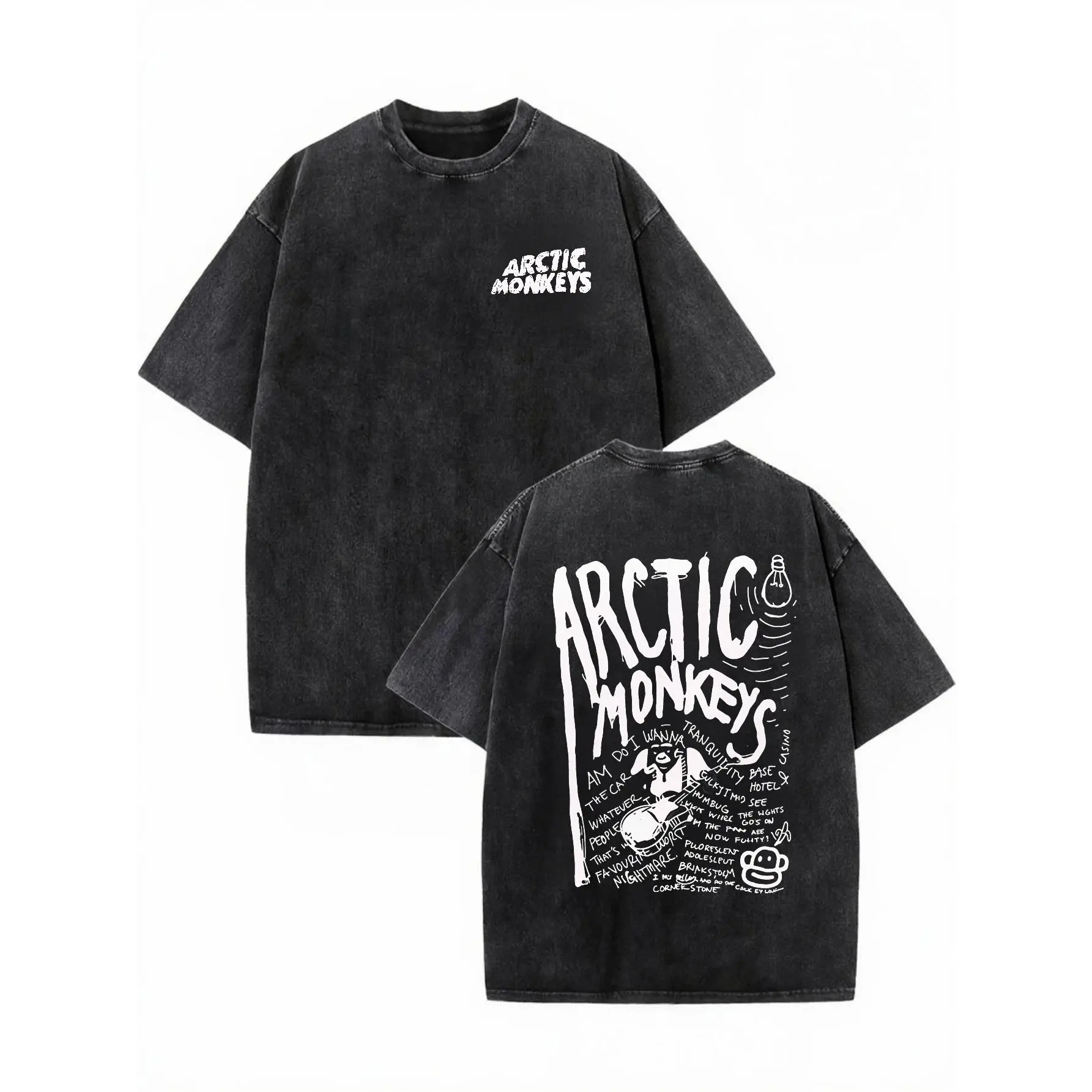 Arcti Monkeys Band, Men's Vintage Double-Sided T-Shirt, Retro Rock Print Washed Street Short Sleeved Shirt,Comfortable & Breathable Material,Vintage Street Style Tee for Adults and Teens,Everyday Outfit