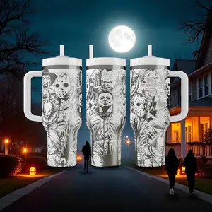 Horror Icons Engraved 40oz Tumbler Cup, Halloween Character Inspired Stainless Steel Travel Mug, Spooky Horror Fan Gift, Vacuum Insulated Drink Tumbler