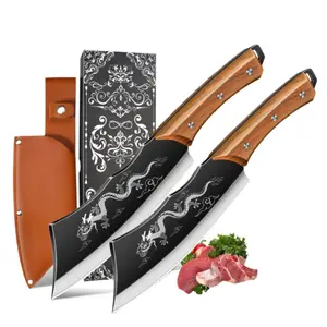 2pcs High Quality Sharp Kitchen Knives Set With Sheath, Professional Full Tang Chef Knife With Ergonomic Wooden Handle, Suitable For Chopping, Slicing Meat And Vegetable, Use For Kitchen And Restaurant Cooking, Ideal Gift Box For Holiday