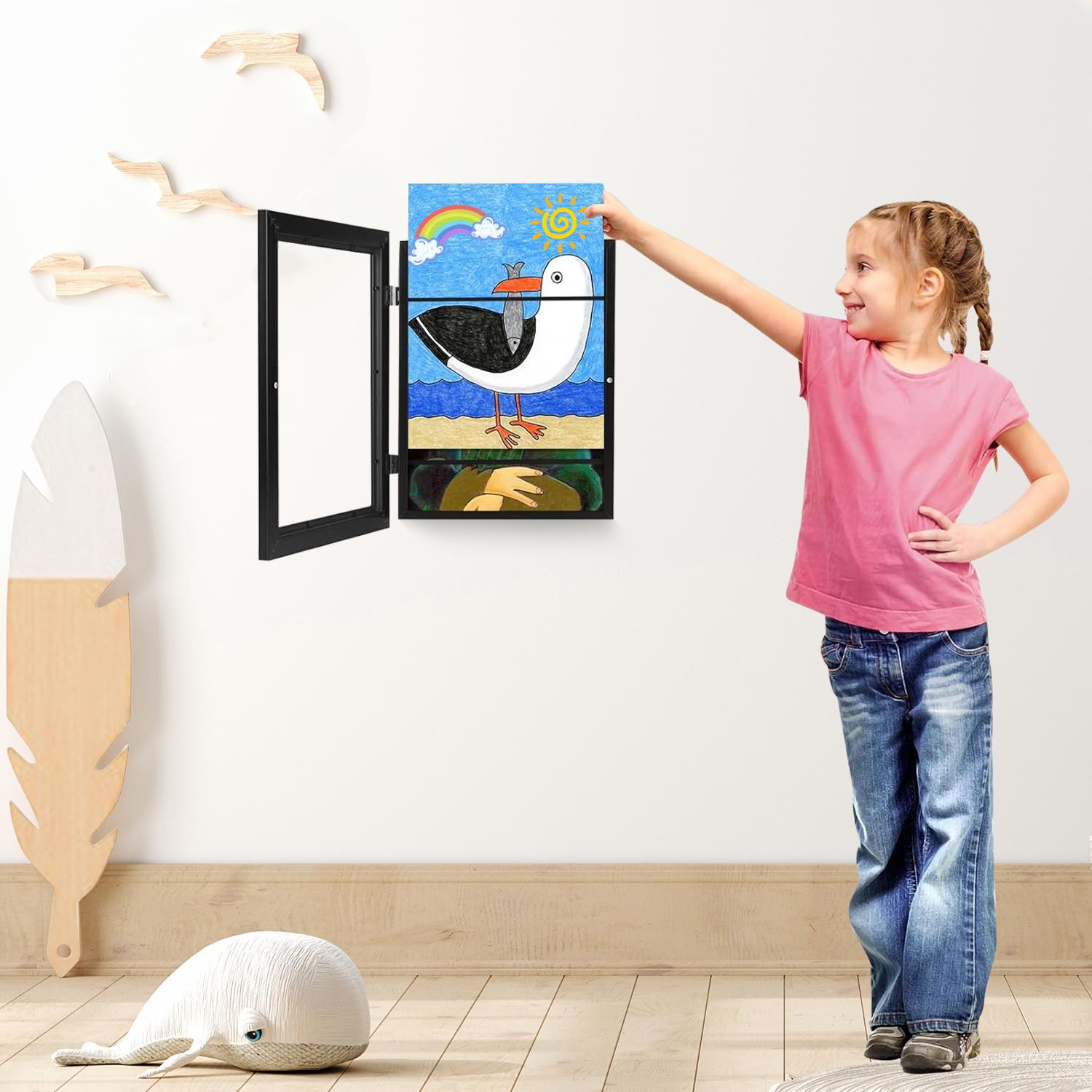 2 PCS Kids Artwork Frame Changeable (Black) - Magnetic Door Holds 100 Art Pieces - 8.5x11 Letter Size Display with Mat or 10x12.5 Without Mat