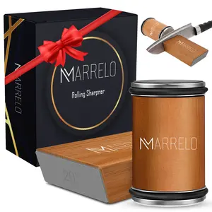 Marrelo 2 Piece Rolling Knife Sharpener Set Precision Kitchen Knife Sharpener with 15 and 20 Degree Angles Diamond and Ceramic Discs Magnetic Guide Portable and Non Slip Base