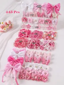 443pcs/Set Girls' Pink Pearl Butterfly Hair Clips, Elastic Hair Ties, Scrunchies, Bangs Clips, Versatile For Daily Use