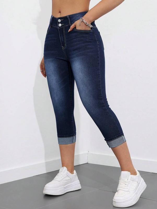 2025SHEIN Essnce Casual Slim Fit Washed Denim Jeans