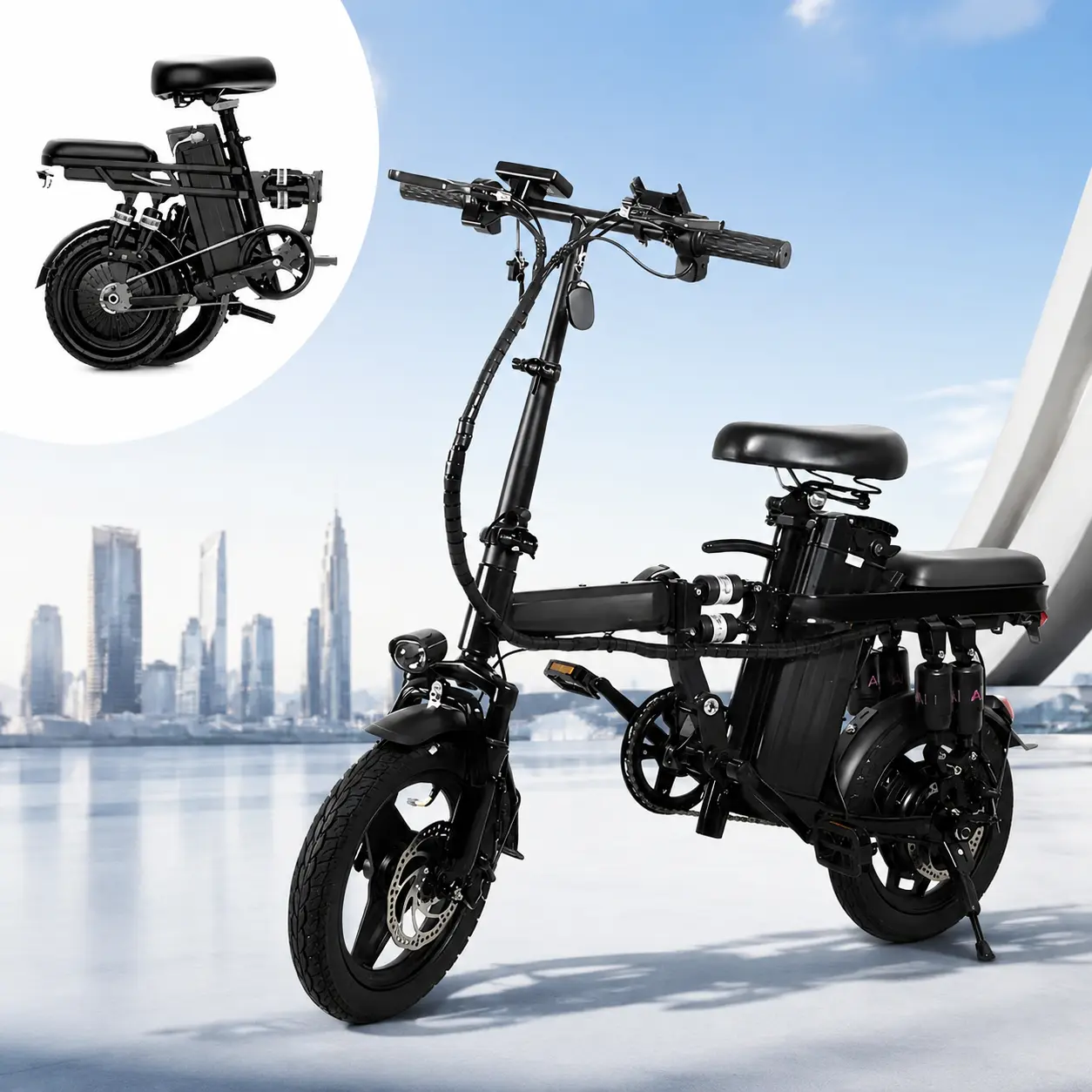 A10 48V 15Ah Folding Electric Bike | 8-Shock Suspension | 3-Speed | 22MPH Urban Commuter Dual Foldable Seat,father'sdaygifts,campingessentials,campinggear