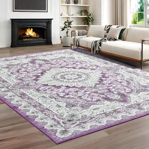 Area Rugs for Living Room, Machine Washable Vintage Rug, Non-Slip Low Pile Throw Rugs with Rubber Backing Washable Carpet for Bedroom Dining Room Kitchen Home Decor, Purple,8x10