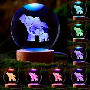 3D Mother Elephant Crystal Ball Wooden Base Night Light, Perfect Gift for Wife Friend Parents, Living Room Bedroom Indoor Home Decor Accent