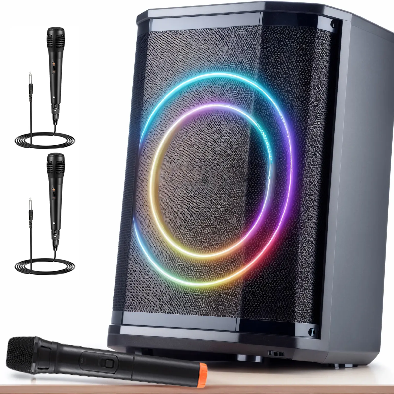 Dazone Rechargeable Portable Bluetooth Party Speakers - Audio PA System with LED Ring Light, TWS, Wireless Microphone, Wired & Multiple Playback Options, Wireless Charging, Easy-to-Carry Karaoke-Ready Device