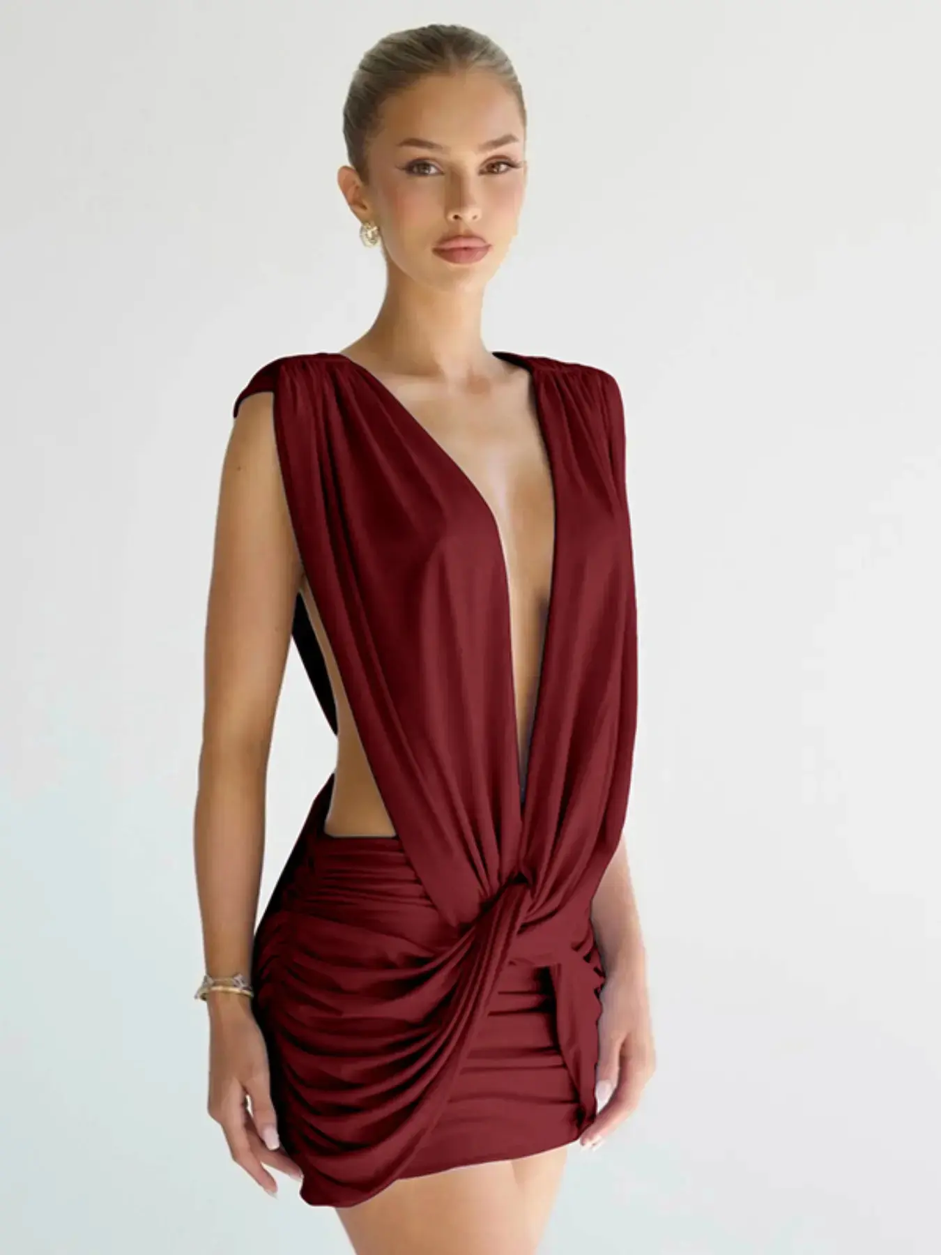 Women's Fashion Sleeveless Ruched Dress Trendy Cross Knot Design Solid Color Fitted Beach