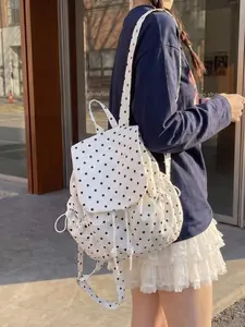 2026 New Korean Style Polka Dot Drawstring Backpack, Lightweight Student Bag, Daily Commute Casual Shoulder Bag, All-Season Nylon