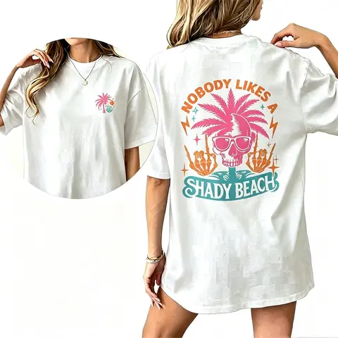 Women's Summer Cotton Minimalist Graphic T-Shirt - Short-Sleeve Round Neck, Retro Funny Beach Skull Palm Tree Print, Loose Fit Smooth Style Casual Streetwear Tee for Vacation