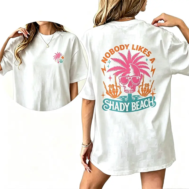 Women's Summer Cotton Minimalist Graphic T-Shirt - Short-Sleeve Round Neck, Retro Funny Beach Skull Palm Tree Print, Loose Fit Smooth Style Casual Streetwear Tee for Vacation