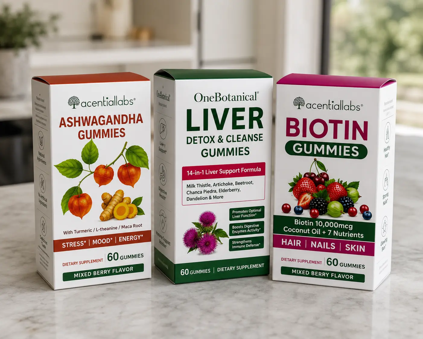 Acential labs Wellness Gummies Bundle | Ashwagandha + Biotin + Liver Support | 3 pack | 60 Gummies Each