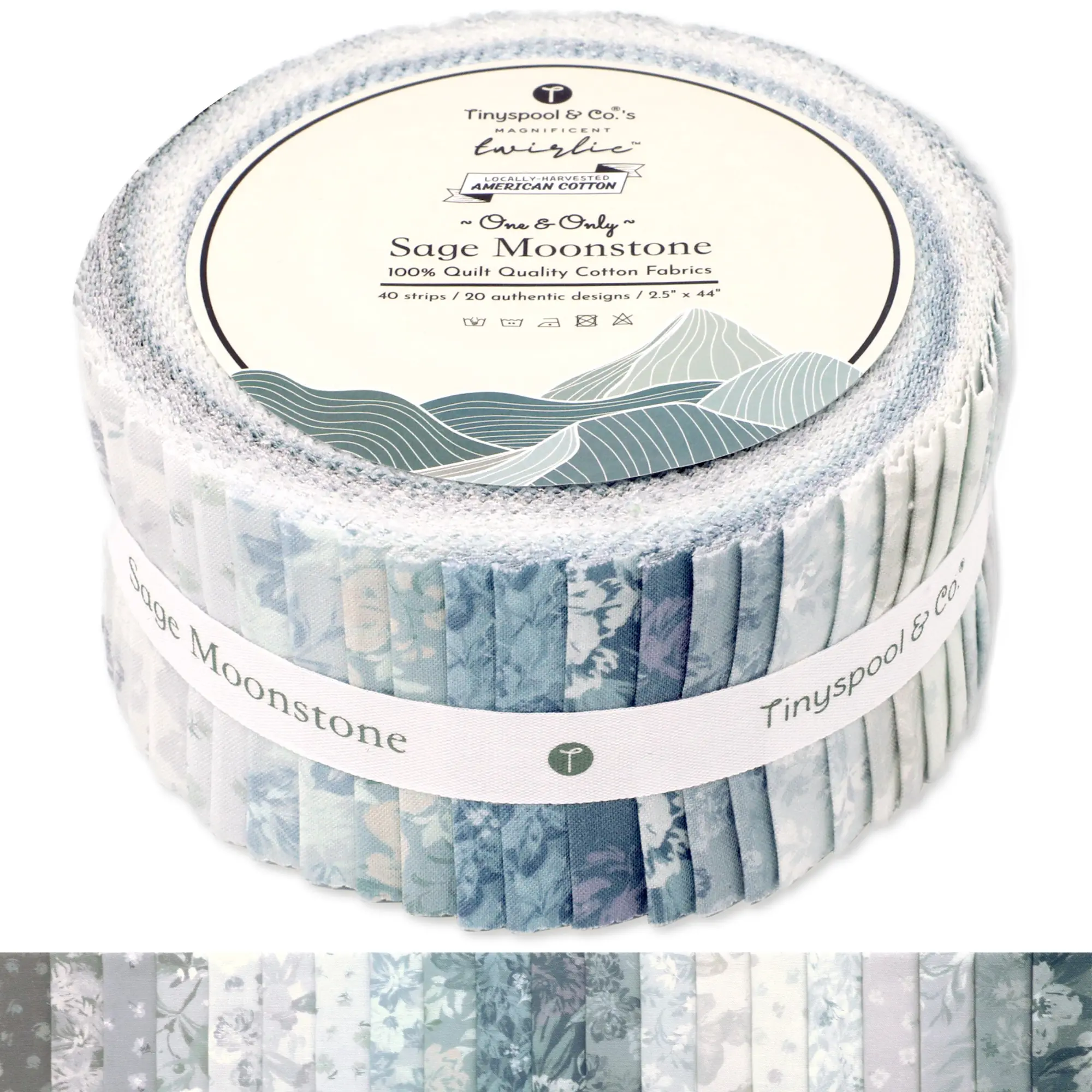 Tinyspool & Co. Sage Moonstone Twirlie Roll Quilting Fabric Strips 40 Assorted Bundle Soft 100% American Cotton OEKO-TEX Certified for Quilting Crafting Sewing Home Decor Purse Making