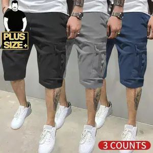 [Plus Size] Men's Cargo Shorts 3-Pack – Black, Grey & Navy Utility Shorts with Multi Pockets, Elastic Waist, Casual Loose Fit for Big & Tall Men (0XL-5XL)