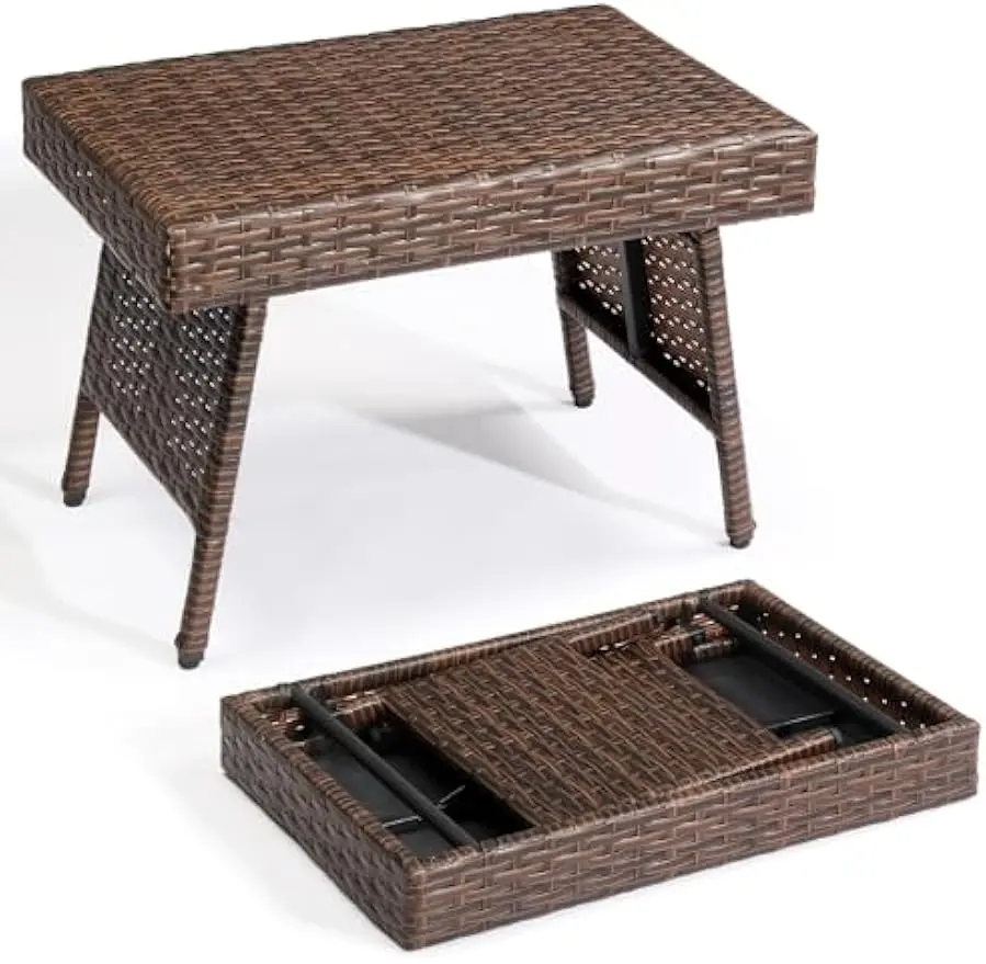 VINGLI Outdoor Folding Rattan Side Table, Portable Wicker End Table for Patio, Garden, Poolside, and Indoor Use, Mix Mocha Lounge, Lightweight Outdoor Table, Patio Side Tables For Outside