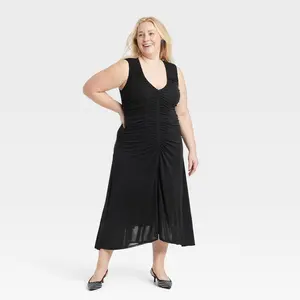 A New Day Women's V-Neck Pullover Sleeve Lightweight Ruched Midi Sundress, Casual Wear