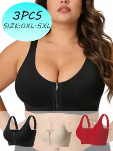 3pcs,Women's Sporty Bra, Full Coverage Medium Support Design, Zipper Closure, Slim Fit Lined Comfortable Everyday Wear, Workout Bra, Yoga Sports Bra