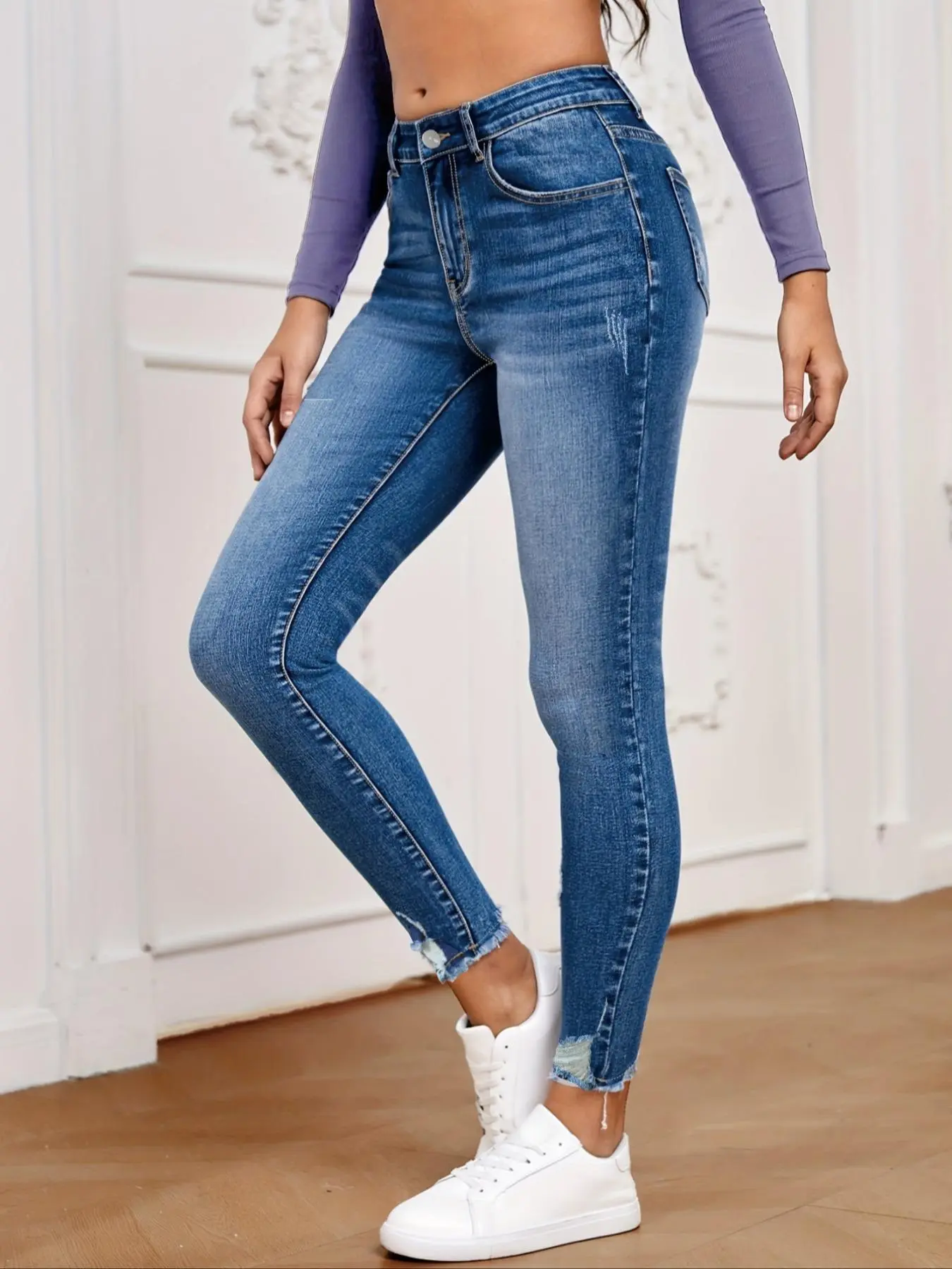 Women's Plain Ripped High Waist Skinny Slim Fit Flattering Casual Design Jeans, Casual Streetwear Chic Fashion Womenswear Cropped Denim Pants for Daily Outdoor Wear, Women Bottoms for Fall & Winter