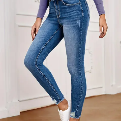 Women's Plain Ripped High Waist Skinny Slim Fit Flattering, Casual Streetwear Chic Fashion Womenswear Cropped Denim Pants for Daily Outdoor Wear, Women Bottoms for Fall & Winter, High Waisted Fit