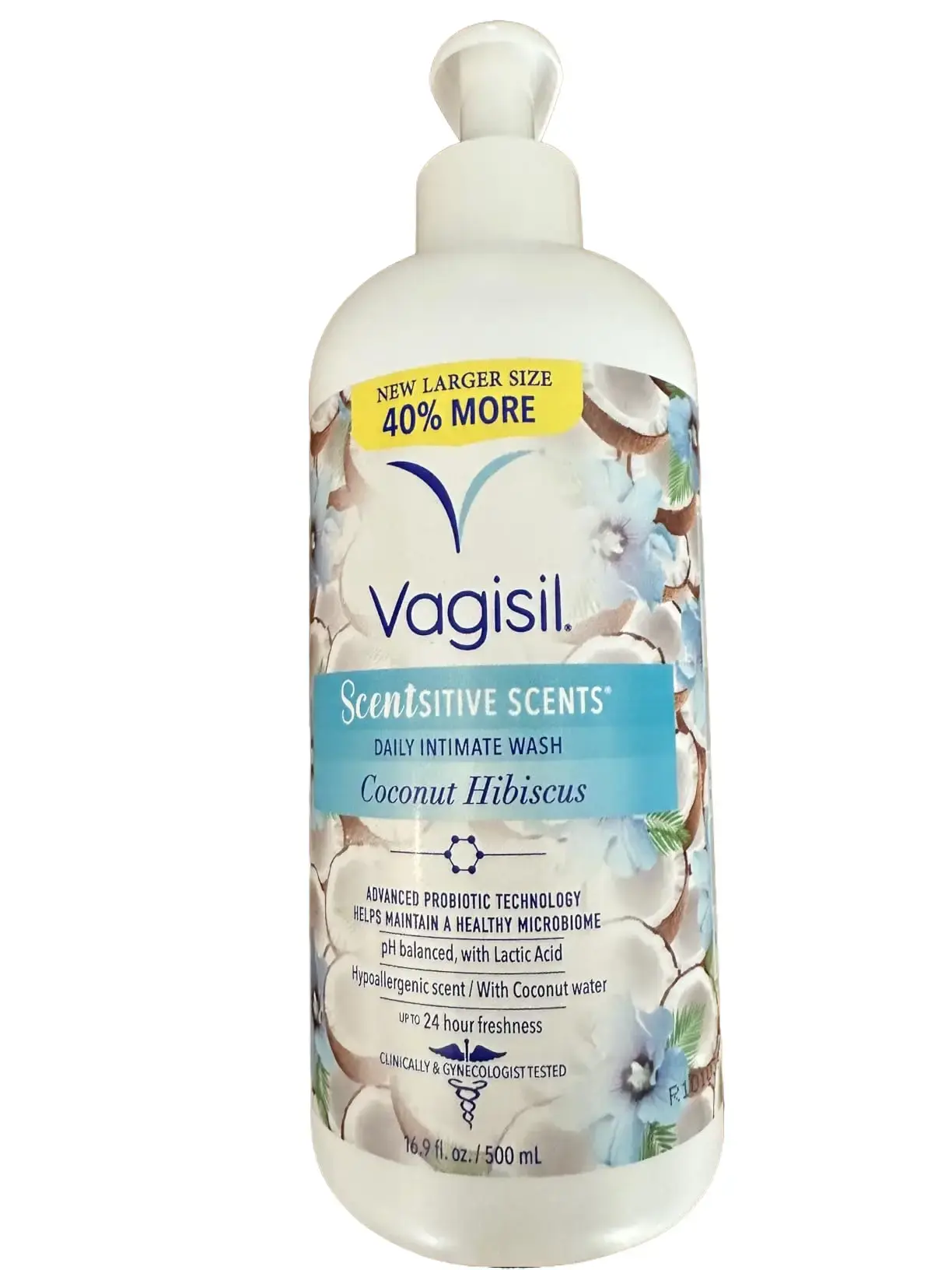 Gentle Intimate Wash for Women, pH-Balanced Daily Cleanser for Sensitive Skin with Coconut Hibiscus Scent, Gynecologist-Tested, 16.9 oz (500ml) Pump Bottle, Youth