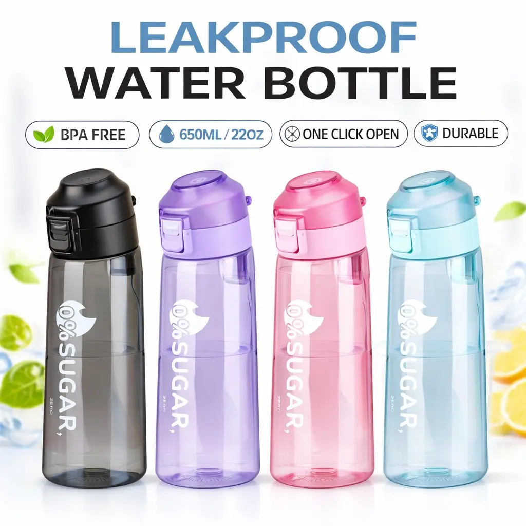 650ML Flavor Water Bottle with 3 Flavor Capsules, Gym Fitness Water Jug, Air Fill Straw Bottle, Casual Style, Sports Drinkware