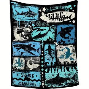 Double-Sided Shark Blanket - Funny Graffiti Shark Design with "Dangerous Shark" Text, Ultra Soft 280g Flannel Adult Throw, Ocean Enthusiast Gift, All-Season Use on Sofa, Bed, Travel, Bed | Cartoon theme | Flannel material